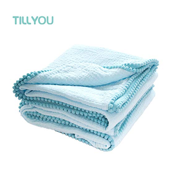 TILLYOU 100% Soft Cotton Muslin Swaddle Blanket with Pom Pom, 44”x44” Large - Fits Toddler Bed/Baby Crib/Newborn Stroller, Breathable Thermal Security Blanket for Receiving, Swaddling, Sleeping, Aqua