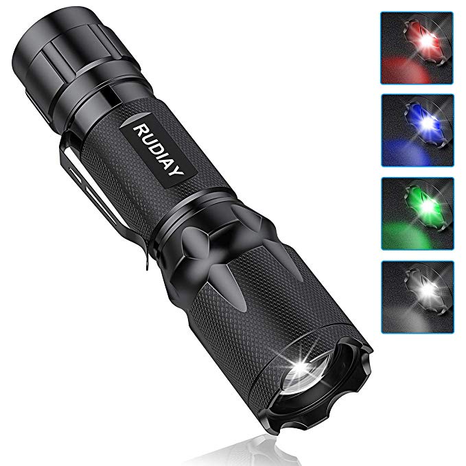 RUIDAY Tactical Flashlight Rechargeable Led Torch Zoomable 4 Color Green Red Blue White for Camping, Hiking, Hunting, Fishing and Emergency