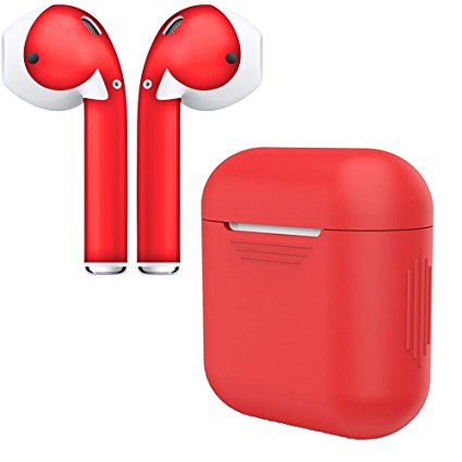 AirPod Skins & Charging Case Cover – Protective Silicone Cover and Stylish Wraps Bundle (Red Case & Red Skin)
