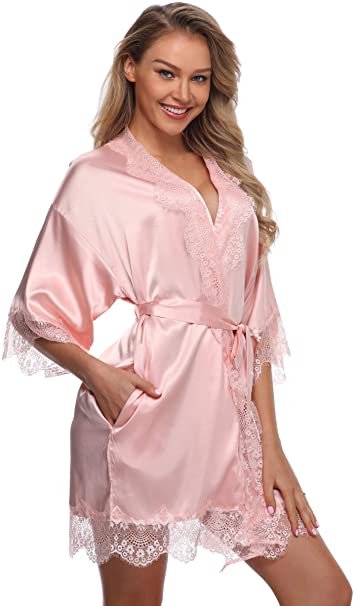 Sexy Silk Kimono Robe for Women Short Sleepwear Bride and Bridesmaid Bath Robe with Lace Trim