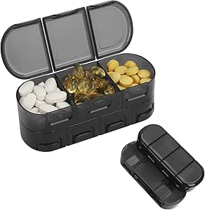 FYY Daily Pill Organizer, 7 Compartments Portable Travel Pill Case Pill Box for Purse Pocket to Hold Vitamins,Cod Liver Oil,Supplements and Medication-Black