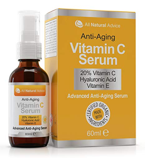 20% Vitamin C Serum - 60 ml - Made in Canada - Certified Organic + 11% Hyaluronic Acid + Vitamin E Moisturizer + Collagen Boost - Reverse Skin Aging, Remove Sun Spots, Wrinkles and Dark Circles, Excellent for Sensitive Skin + Includes Pump & Dropper