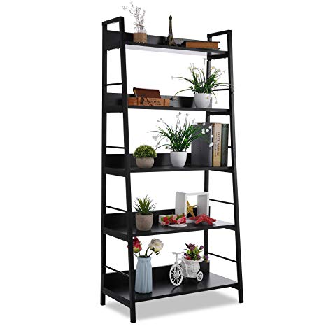 5 Shelf Ladder Bookcase, Industrial Bookshelf Wood and Metal Bookshelves, Plant Flower Stand Rack Book Rack Storage Shelves for Home Decor