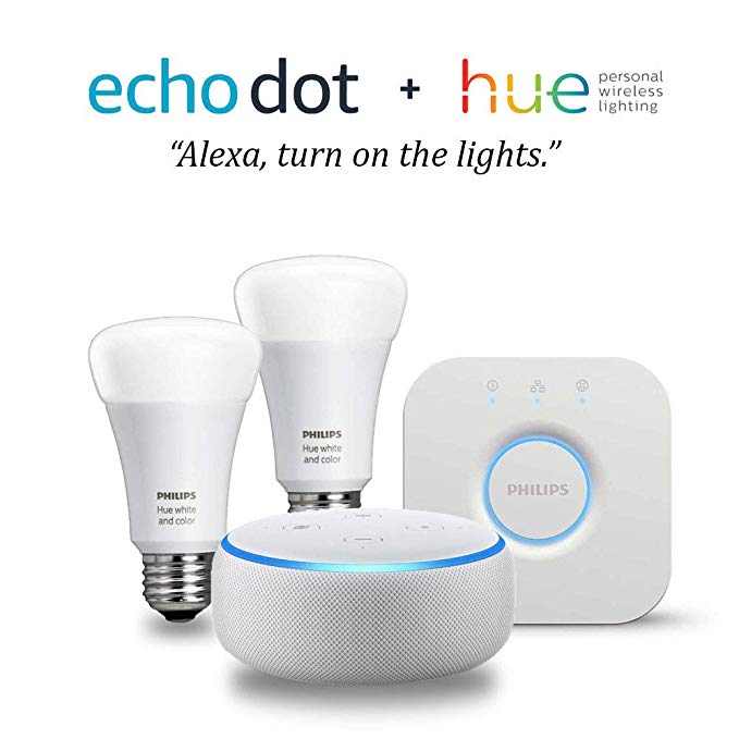 Echo Dot (3rd Gen) - Sandstone with Philips Hue White and Color Smart Light Bulb Starter Kit