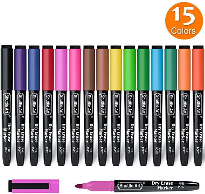 Dry Erase Markers, Shuttle Art 15 Colors Magnetic Whiteboard Markers with Erase,Fine Point Dry Erase Markers Perfect For Writing on Whiteboards, Dry-Erase Boards,Mirrors for School Office Home