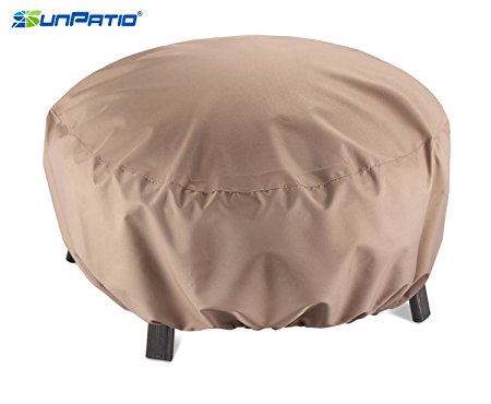 SunPatio Outdoor Round Fire Pit Cover, Kettle Cover, Ottoman Cover, 32"Diax14"H, Lightweight, Water Resistant, Eco-Friendly, All Weather Protection, Beige