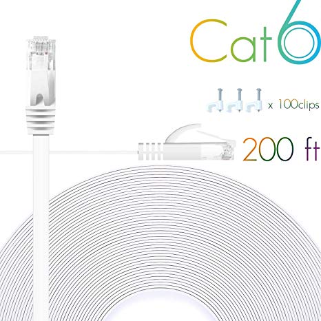 Flat Cat6 Ethernet Cable 200 Ft with Cable Clips, comtelek cat 6 Ethernet Rj45 Patch Cable, Slim Network Cable, Thin Internet Computer Cable - 200 Feet White(60 Meters)