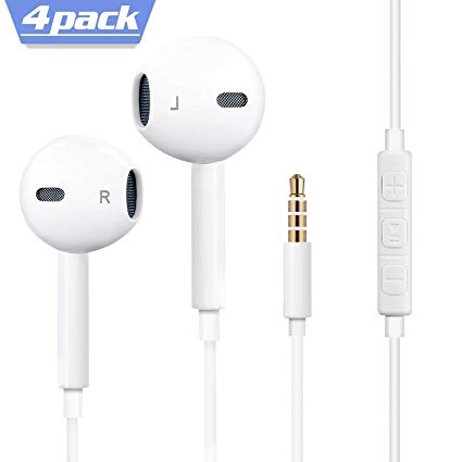 Headphones, 4Pack Quality Earbuds Earphones with Microphone and Volume Control, Compatible with 6s Plus/6s/6/SE/5s/5c/5/iPad iPod Samsung Galaxy and More Android Smartphones 3.5mm Headphones White