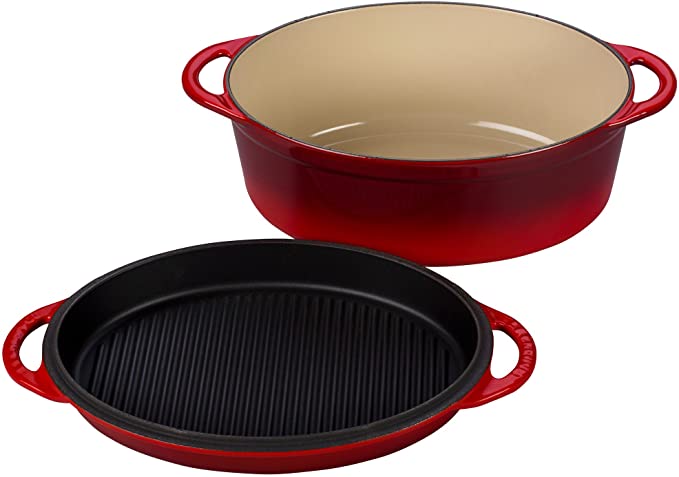 Le Creuset Cast Iron Oval Oven with Reversible Grill Pan Lid, 4 3/4 quart, Cerise