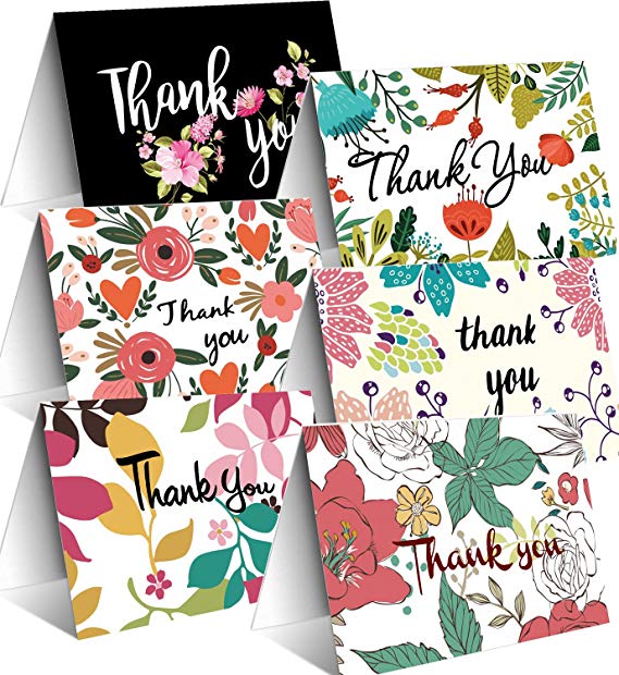48 Thank You Cards Floral Flower Greeting Cards with Envelopes Summer Time Thank U Note Card for Baby Shower, Wedding, Bridal Shower, Business - Assorted Bulk Pack Blank Inside 4 x 6 inches