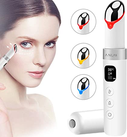 Eye Massager Wand, ANLAN Electric Eye Massager with 38℃-45℃ Heated Facial Massager Wand with Vibration Red/Blue/Yellow Light Modes for Anti Aging Wrinkle Eyes Puffiness Dark Circles Remover