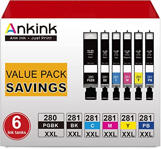 Ankink Compatible 6 Pack Combo Pack Canon PGI-280XXL CLI-281XXL Ink Cartridge XXL 280 PGBK 281 Color Fit with Cannon Pixma TR8520 TS9120 TS8220 TS8120 TS8320 TS9100 TS6320 TS6120 TR7520 TS6220 TS6300