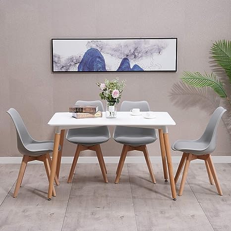 HomJoy Dining Table and 4 Chairs Set, Modern Design PU Seat Lounge Chair and Rectangular Kitchen Table with Solid Wood Legs (Grey * 4   120cm Table)