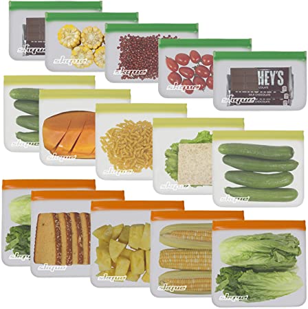 SKQUE 15 Pack Extra Thick Reusable Ziplock Storage Bags - Leakproof Seal Food Grade PEVA Ziplock Sandwich Bags Kids Snacks, Fruit, Travel Storage, BPA Free, Freezer Safe (5 Small, 5 Medium, 5 Large)