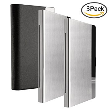 KISSWILL Business Card Holder 3 Pack, PU Leather Business Card Case with Magnetic Shut(Black) and Metal Card Case(Silver) for Men and Women.