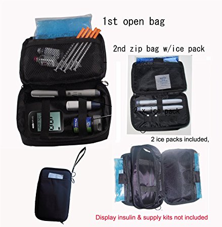 Double Bag Diabetic Travel Organizer Cooler Bag-for Insulin,Supply Kits,,W/2xice Pack Included - (Black) …