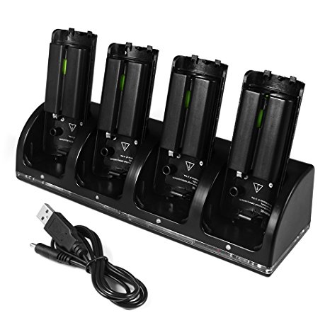 XCSOURCE 4 Ports Charging Dock with 4 Packs 2800mAh Rechargeable Batteries & LED Light for Nintendo Wii Remote Controller Black AC635