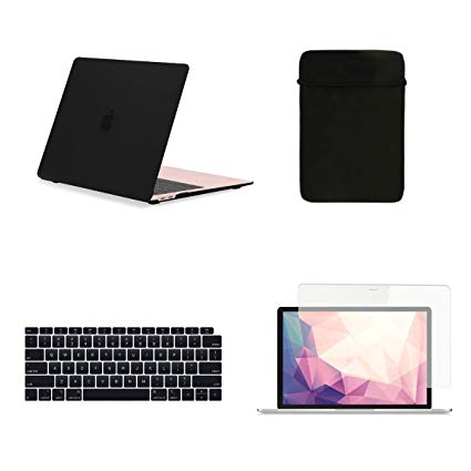 TOP CASE - 4 in 1 Essential Bundle Rubberized Hard Case, Keyboard Cover, Sleeve Bag, Screen Protector Compatible 2018 Release MacBook Air 13 Inch with Retina Display fits Touch ID Model: A1932 - Black