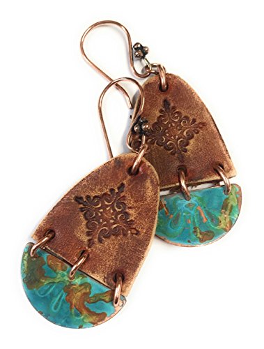 Boho Leather Stamped Scroll & Turquoise Rust Copper Earrings