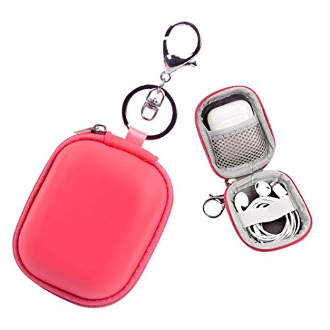 Airpods Case Keychain, ASMOTIM Mini Earphones Case, Protective Earbud Case, PU Leather Hard Case, Portable Carrying Case with Metal Clasp Keychain Compatible with Apple AirPods, Cables(Coral)