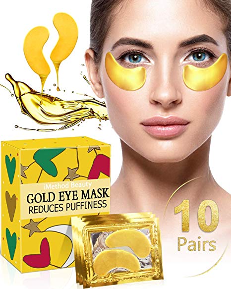 Under Eye Patches for Puffiness - iMethod 24K Gold Hydrogel Collagen Eye Mask, Under Eye Bags Treatment, Great for Reducing Dark Circles, Puffy Eyes & Fine Lines, 10 Pairs