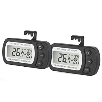 Fridge Thermometer, Waterproof Refrigerator Freezer Thermometer Temperature Monitor Easy to Read LCD Display with Hook (Black - Pack of 2)