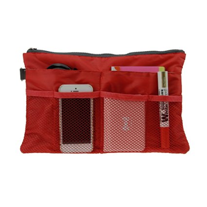 Holiberty Multi-funtional Nylon Zipper Travel Handbag Pouch / Bag in Bag / Insert Organizer / Cosmetic Toiletry Bag Pocket / Makeup Bag / Tidy Bag Dark Red