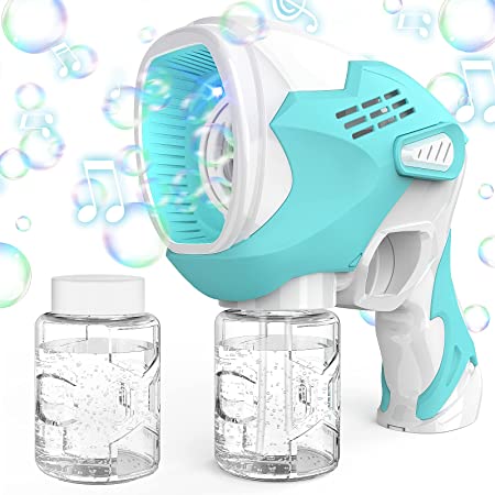 KIMILAR Bubbles Machine for Kids, Electric Bubble Gun with Music for Indoor Outdoor Camping Birthday Wedding Party, Batteries Powered (Included) Bubble Maker for Children 3  Years Old (Blue)