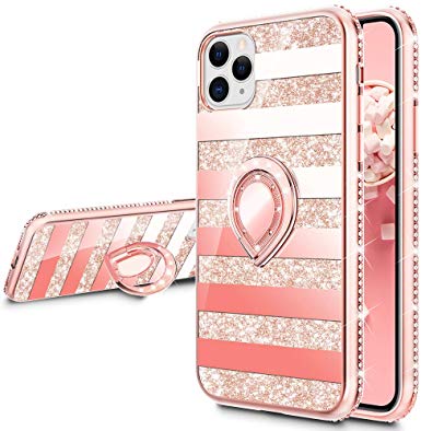 VEGO Compatible for iPhone 11 Pro Max Case with Ring Holder, Glitter Case with Kickstand for Women Girls Bling Diamond Rhinestone Sparkly Bumper Cute Protective Fancy Stand Case(Stripe Rosegold)