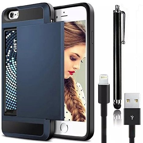 Vandot 3in1 Apple iPhone 5 5S Dual Layer Protective Wallet Case Heavy Duty Shield HardSoft Hybrid Shockproof Cover with Card Holder Slots-Dark Blue USB Charging and Sync Data Line Charger Cable Stylus Screen Touch Pen