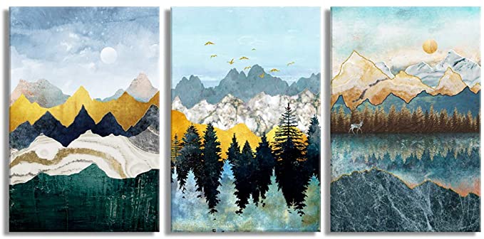 Abstract Geometric Mountain Watercolor Painting Wall Decoration for Bedroom 3 Piece Abstract Canvas Wall Art for Living Room Modern Canvas Prints Kitchen Bathroom Wall Decor Office Home Decoration