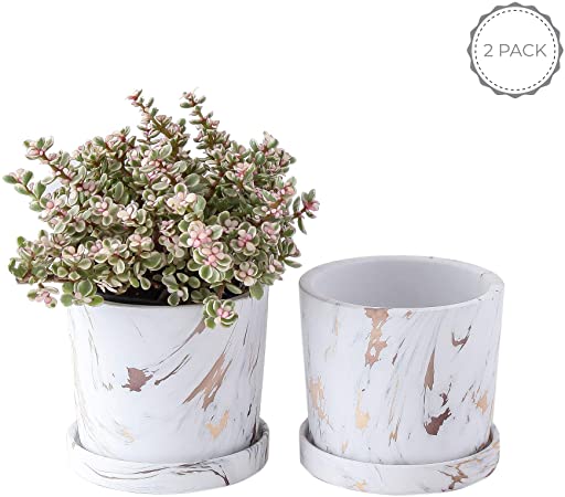 JODA 5.9 inch Planter Pots, Flower Pots with Saucer, Indoor Plant Pots with Drainage - Set of 2 (Carrara Gold Marble Pattern)