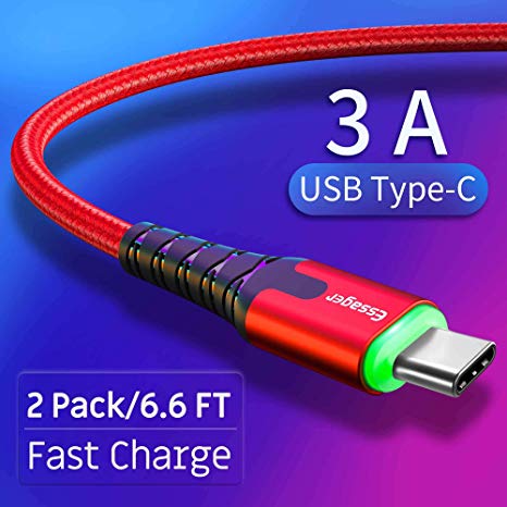 USB Type C Cable Fast Charging with LED Light(3A 2 Pack/6.6FT),Essager Premium Nylon Braided USB C Cord Compatible Samsung Galaxy Note 9,8,S10,S9,S8,Google Pixel 2/3XL,Nintendo Switch-Red