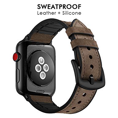RUCHBA Luxurious Hybrid Genuine Leather Band for Apple Watch 42mm Sweatproof Bands Silicone Lining Replacement Straps for iwatch Space Black Series 1 2 3 Sport and Edition Men Women - Dark Brown