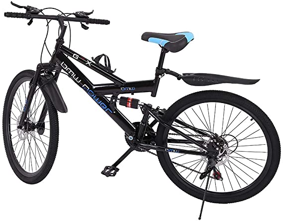 iCJJL Mountain Bikes High Carbon Steel Folding Outroad Full Suspension MTB Dual Disc Brake Lightweight and Durable City Riding Travel Go Working Mountain Cycling for Men Women (Black 26 in)