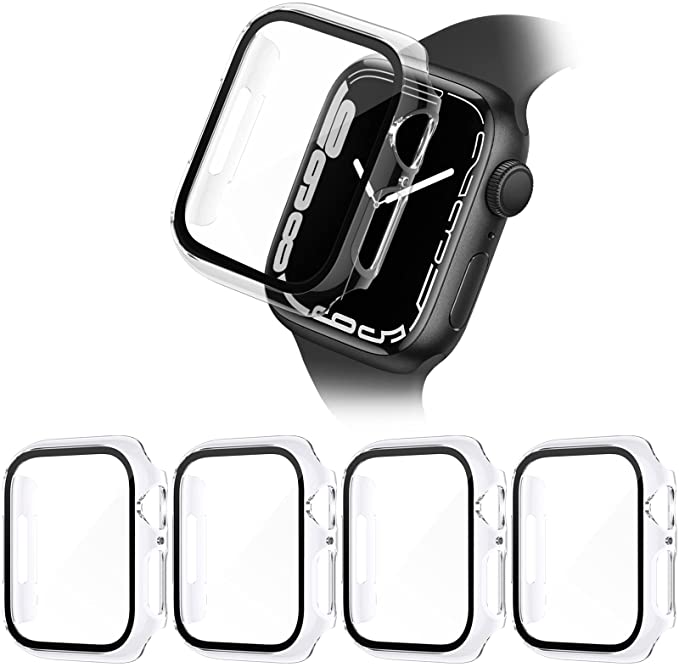 EZCO 4-Pack PC Hard Case Compatible with Apple Watch Series 7 41mm/45mm, Built in Tempered Glass Screen Protector Full Coverage Protective Cover Bumper Accessories for iWatch 7 41mm/45mm