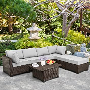 Outdoor Patio Dark Brown Rattan 7 Piece Sectional Furniture Set PE Wicker Conversation Sofa with Light Grey Cushion
