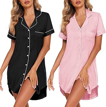 Ekouaer Nightgowns for Women 2 Pack Button Down Sleepwear Short Sleeve Sleepshirts Soft Nightshirts Boyfriend Pajama Dress