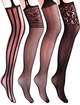 Vero Monte 4 Pairs Women's Suspender Stockings Thigh High Garter Belt Pantyhose