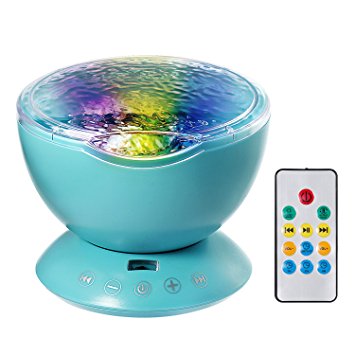 Projector Night Light,Dpower Remote Control Ocean Wave Projector 12 LED &7 Colors Night Light with Built-in Mini Music Player for Living Room and Bedroom (12 LED Blue) [Newest Design]