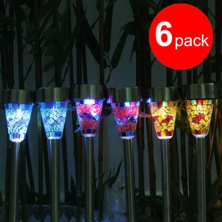 Solar Led lights GRDE Solar Mosaic Border Garden Post Lights Garden Decoration Stake Lights Christmas Gift with ONOFF Switch 6 Pack