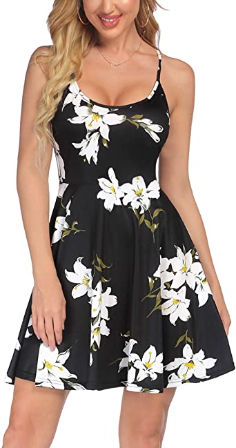 ACEVOG Women's Sleeveless Adjustable Strappy Summer Beach Floral Flared Swing Dress Casual Fit