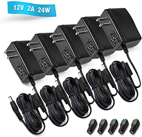 [UL Listed] Chanzon 12V 2A 24W AC DC Switching Power Supply Adapter (Input 100-240V, Output 12 Volt 2 Amp 24 Watt 6Ft Cord) Wall Wart Transformer Charger for DC12V CCTV Camera LED Strip Light (5-Pack)