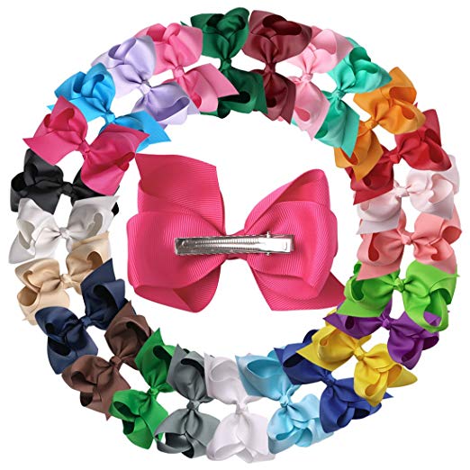 XIMA 25pcs 4inch Grosgrain Ribbon Baby Boutique Hair Bows Clips for Hair Accessories (with clip Mixcolors)