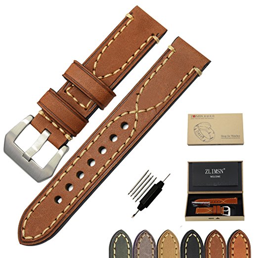 ZLIMSN THICK Genuine Leather Brown Black Watch Band Strap Stainless Steel Buckle 20 mm 22mm 24mm 26mm