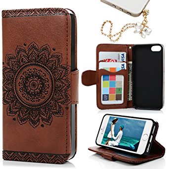 iPhone SE & 5 & 5S Case, MOLLYCOOCLE Stand Wallet Premium PU Leather Skin Cover Magnetic Flip Folio TPU Cushion Bumper Embossed Flower Design for iPhone SE & 5 & 5S & Bling Butterfly Dust Plug,Brown