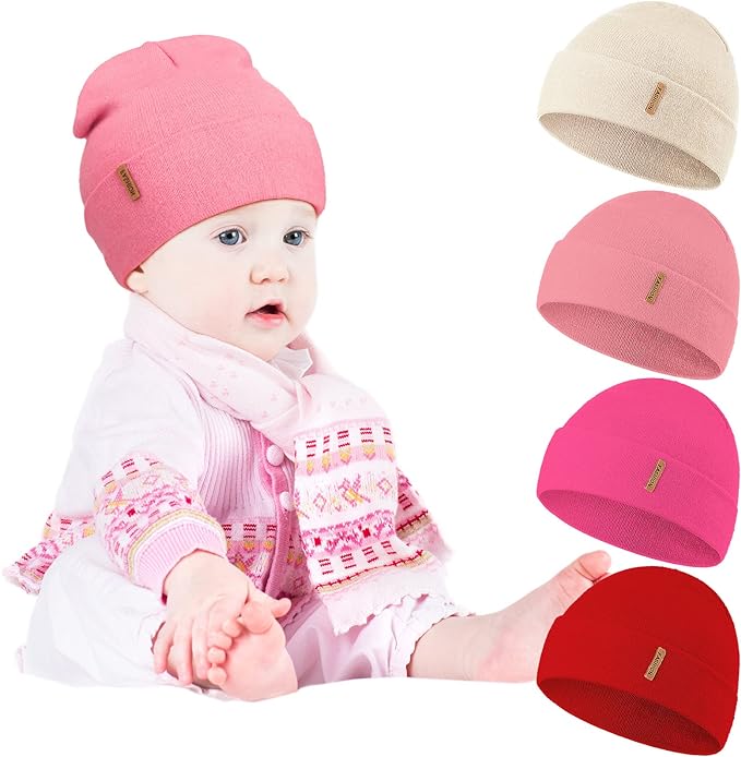 SATINIOR 4 Pieces Winter Baby Beanies Toddler Beanies Infant Hats Slouchy Knitted Beanies for Boys Girls 0-36 Months