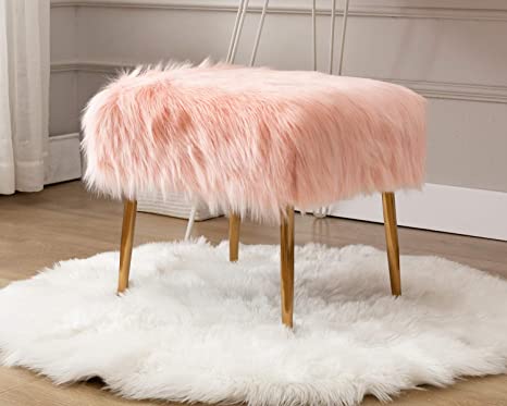 H&Y Fur Small Pink Bench Modern Square Vanity Desk Stool Bed Side Furry Footrest with Metal Legs for Bedroom Living Room Entryway- 19.7''L15.7''W17.7''H