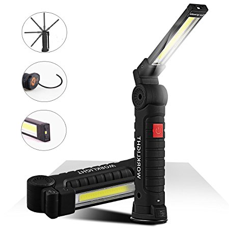Work Light, OUMAX WL02 Rechargeable Magnetic Slim Bar Folding LED Work light with Head Swivel 360º,Flashlight, Magnetic Base and Hook Up – Black