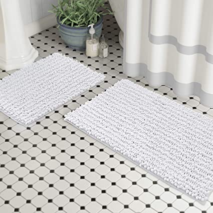 Zebrux Non Slip Thick Shaggy Chenille Bathroom Rugs, Bath Mats for Bathroom Extra Soft and Absorbent - Striped Bath Rugs Set for Indoor/Kitchen (20 x 30   15 x 23'', White)